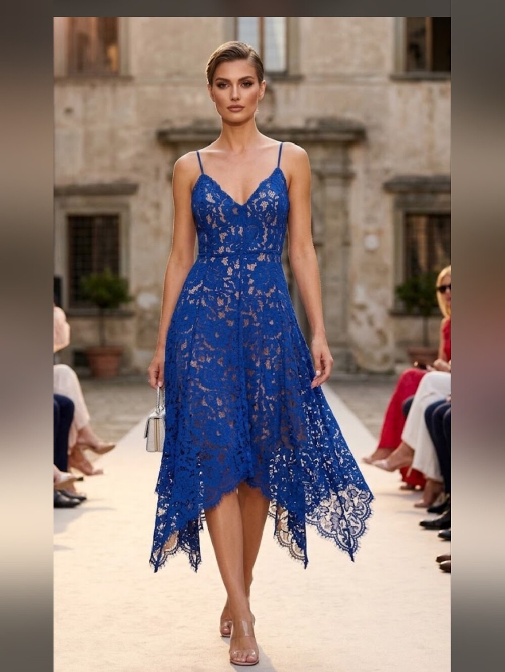 Lulus One Wish Royal Blue Lace Handkerchief Hem Midi Dress Size M